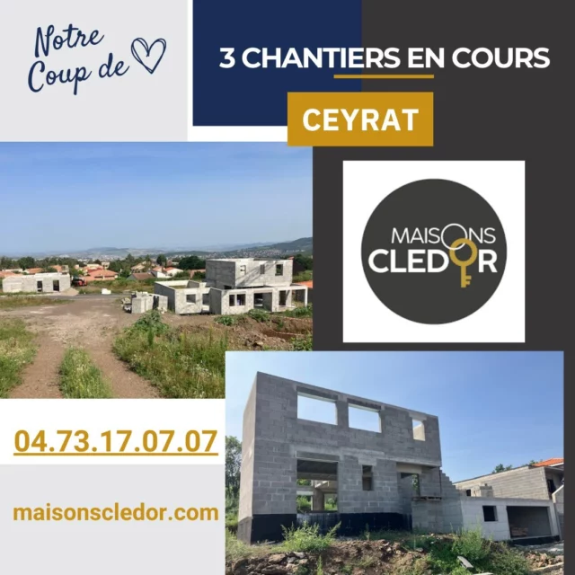 🏗️ **Avancement des Travaux à Ceyrat** 🏡

Nous sommes ravis de vous annoncer que les travaux avancent à grands pas sur nos **trois magnifiques maisons** situées dans un lotissement sur les hauteurs de Beaumont. Actuellement, les travaux de maçonnerie sont en cours et progressent selon nos prévisions. Ces maisons bénéficieront d’une vue imprenable sur les paysages environnants, un cadre de vie exceptionnel vous attend ! 🌄

Nous attendons avec impatience le retour de notre équipe de maçons après les congés pour finaliser cette étape et préparer l’arrivée de la charpente. Une étape clé pour la construction de ces superbes demeures. 

Restez connectés pour suivre l’évolution de ce beau projet et découvrir bientôt ces maisons qui allient confort et qualité de vie !

Maisons CLEDOR, le constructeur de vos envies, contact au 04.73.17.07.07 ou maisonscledor.com

#Ceyrat #TravauxEnCours #Immobilier #MaisonsNeuves #VueMagnifique #LotissementBeaumont #Architecture #ConstructionEnCours