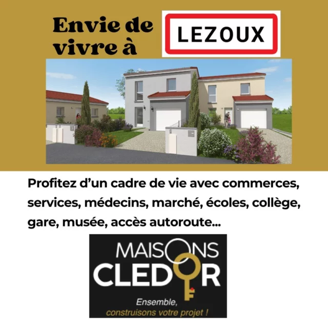 🏡✨ Vivez à Lezoux : Une ville à taille humaine qui a tout pour plaire ! 🌟

Vous cherchez un endroit alliant confort, commodité et qualité de vie ? Découvrez Lezoux, une commune dynamique qui a tant à offrir !

🌳 **Proximité des commerces et services** : Tout ce dont vous avez besoin au quotidien à portée de main !
🎓 **Éducation** : Écoles et collège pour un parcours scolaire complet de vos enfants.
🚉 **Accessibilité** : Une gare SNCF et l'autoroute à proximité pour faciliter vos déplacements.
🎨 **Culture** : Un marché animé et un musée pour enrichir vos week-ends.

Chez Maisons Clédor, nous sommes ravis de vous proposer des maisons neuves, de plain-pied ou à étage, au cœur de cette charmante ville. Profitez d'un cadre de vie exceptionnel où tout est pensé pour votre confort et celui de votre famille.

Rejoignez-nous à Lezoux et réalisez votre projet de vie dans un environnement serein et accueillant. Votre nouvelle maison vous attend !

Informations auprès de Maisons Clédor au 04.73.17.07.07 - maisonscledor.com
Le constructeur de vos envies !

#Lezoux #MaisonsCl édor #Qualit éDeVie #Ville ÀTailleHumaine #Proximit é #NouvelleMaison #Vivre ÀLezoux