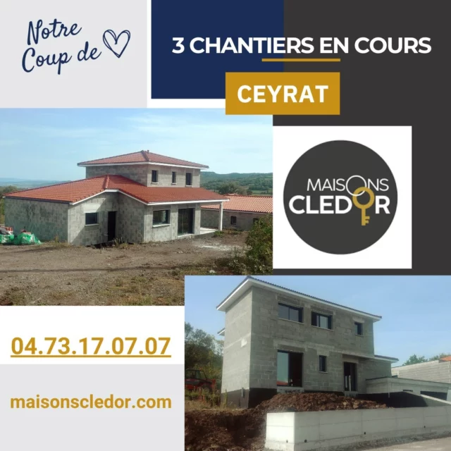 🏗️ **Avancement des Travaux à Ceyrat** 🏡

Nous sommes ravis de vous annoncer que les travaux avancent à grands pas sur nos **trois magnifiques maisons** situées dans un lotissement sur les hauteurs de Beaumont. Actuellement, les travaux de plaquisterie sont en cours et progressent selon nos prévisions. Ces maisons bénéficient d'une vue imprenable sur les paysages environnants, un cadre de vie exceptionnel vous attend ! 🌄

Restez connectés pour suivre l'évolution de ce beau projet et découvrir bientôt ces maisons qui allient confort et qualité de vie !

Maisons CLEDOR, le constructeur de vos envies, contact au 04.73.17.07.07 ou maisonscledor.com

#Ceyrat #TravauxEnCours #Immobilier #MaisonsNeuves #VueMagnifique #LotissementBeaumont #Ceyrat #Architecture #ConstructionEnCours