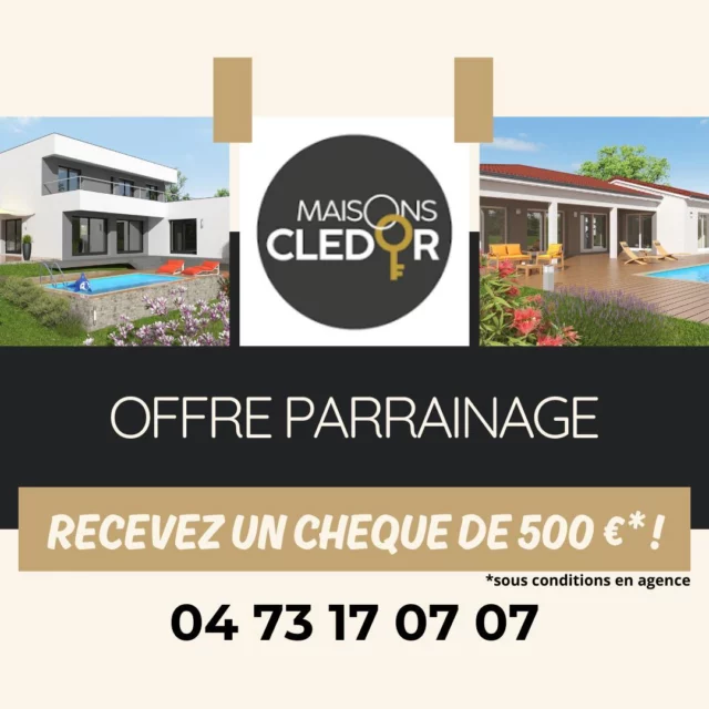 🌟 Parrainage Exceptionnel ! 🌟

Chers clients fidèles et précieux,

C'est avec une immense gratitude que nous vous adressons ce message. Vous nous avez accordé votre confiance et nous avons eu le privilège de vous accompagner dans vos projets immobiliers. Aujourd'hui, nous souhaitons vous remercier d'une manière spéciale !

🏠 Vous avez un ami, un proche ou un contact désireux de faire construire sa maison ? Nous avons une offre exceptionnelle pour vous !

En tant que client satisfait, nous vous invitons à parrainer ces personnes vers notre agence. En retour, pour chaque parrainage réussi, nous offrons un chèque-cadeau de 500 € !

C'est notre façon de vous dire MERCI pour votre confiance et votre fidélité. Vos recommandations nous honorent et renforcent notre engagement à vous offrir le meilleur service possible.

N'attendez plus pour partager cette opportunité avec vos proches ! Contactez-nous dès aujourd'hui pour en savoir plus sur notre programme de parrainage et sur nos services personnalisés.

📞 04.73.17.07.07
📧 maisonscledor.com

#Parrainage #OffreSpéciale #Immobilier #Confiance #Merci #Construction #Projetimmobilier