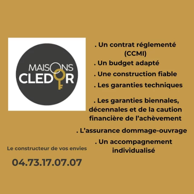 🏡 **Choisissez Maisons Clédor pour une construction en toute confiance !** 🛠️✨

Avec Maisons Clédor, profitez d’un accompagnement personnalisé et de garanties solides pour votre projet de construction. Voici pourquoi nous sommes votre meilleur choix :

📜 **Un contrat réglementé (CCMI)** : Grâce à la loi du 19 décembre 1990, bénéficiez d’une étude accélérée de votre dossier de financement.

💰 **Un budget adapté** : Nous nous engageons à vous proposer une offre adaptée à vos possibilités financières, pour que votre rêve devienne réalité sans surprise.

🏗️ **Une construction fiable** : Chaque projet est contrôlé par des bureaux d’études indépendants pour garantir la qualité (béton, fondations, isolation…).

🔧 **Des garanties techniques** : Toutes nos constructions respectent scrupuleusement les normes techniques du bâtiment pour une sécurité optimale.

🏠 **Garanties biennales et décennales** : Chaque projet bénéficie de garanties biennales, décennales, et de la caution financière de l’achèvement.

🔒 **Assurance dommage-ouvrage** : En cas de problème, tous les travaux de réparation sont pris en charge immédiatement, sans aucune recherche de responsabilité.

🤝 **Un accompagnement individualisé** : Votre conducteur de travaux dédié vous accompagne à chaque étape et vous informe régulièrement de l’avancement de votre projet.

Avec Maisons Clédor, votre projet est entre de bonnes mains, du début à la fin ! Contactez-nous pour en savoir plus et commencer votre aventure dès aujourd’hui.

Maisons Clédor, Le Constructeur de vos Envies : informations au 04.73.17.07.07. ou maisonscledor.com

#MaisonsCledor #Construction #Garantie #Sérénité #Accompagnement #Qualité #Sécurité #RéalisationDeRêve